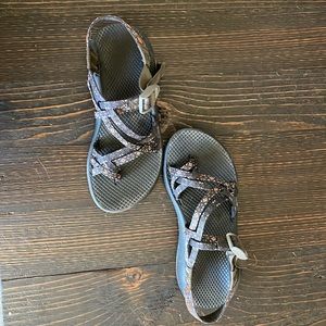 Women’s double strap, toe loop, Chaco sandals, grey and orange